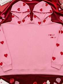 Valentine's Day,Oversized Long-Length,Besties&Couples Must-Have,Women's Double-Hood One-Piece Long-Sleeve Hoodie,One-Size,Heart&Letter&Slogan Print,For Spring/Summer,For Holiday/School/Home/Daily/Street/Photoshoot,Simple/Y2K/Casual/Preppy/Street/Office/Cute/Hot Girl,Valentine's Day/New Year/Easter,Spring Clothes For Women,Spring Outfit Women,New Year Outfits,Chic Print Hoodie,Hoodies For Women,Vacation Outfits Women,Valentine's Day Outfits - Pink - View 1