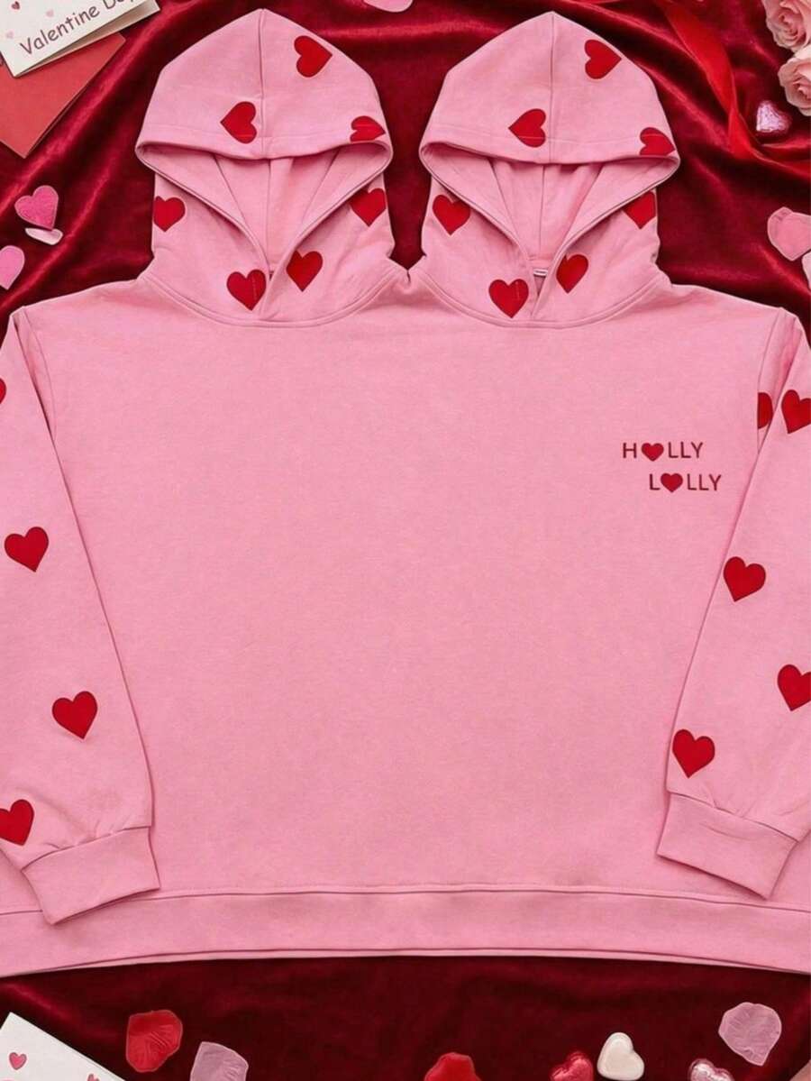 Valentine's Day,Oversized Long-Length,Besties&Couples Must-Have,Women's Double-Hood One-Piece Long-Sleeve Hoodie,One-Size,Heart&Letter&Slogan Print,For Spring/Summer,For Holiday/School/Home/Daily/Street/Photoshoot,Simple/Y2K/Casual/Preppy/Street/Office/Cute/Hot Girl,Valentine's Day/New Year/Easter,Spring Clothes For Women,Spring Outfit Women,New Year Outfits,Chic Print Hoodie,Hoodies For Women,Vacation Outfits Women,Valentine's Day Outfits - Pink - View 1