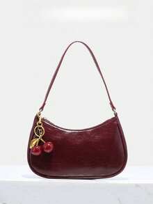 Novachic, Women's Fall Outfits, Floral Patterned Fabric, Cute Pendant Decor, Cherry Pendant, Women's Minimalist Shoulder Bag, Zipper Closure, Retro Style, Underarm Bag, Suitable For Multiple Occasions, Small Bags - 酒紅色 - 查看 1