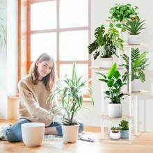 6 Tier Wood Tall Plant Stand Metal Rack Indoor, Multiple Flower Pot Holder Shelves Corner Rack, Planter Shelf Display Rack Storage Organizer Patio Living Room Balcony GardenWhite Oak - 六層,白橡木 - 查看 6