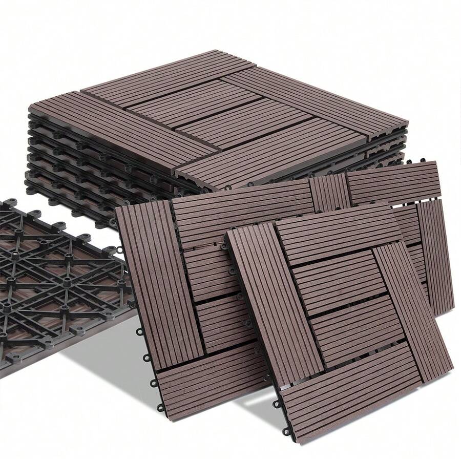 Bakaji 11-Piece WPC Tile Set For Outdoor Garden, Patio, Balcony, Flooring With Water Drainage, Interlocking Tile Assembly, Weather Resistant, Interlocking Design - Turtledove - View 1