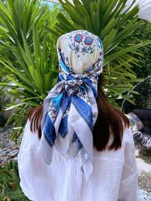 90*90 Silk Large Square Scarf|Summer Elegant Retro Women's Headscarf|Head & Neck Accessories - 藍色 - 查看 2