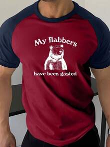 1件男士时尚印花休闲插肩袖T恤，圆领，常规版型，百搭设计，适合所有季节 - 酒紅色 - 查看 1