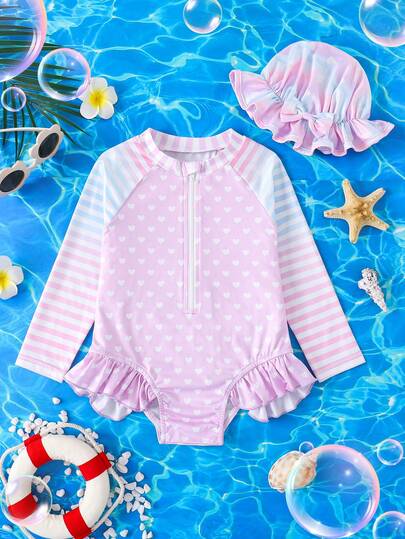 Young Girls Sweet, Elegant, Cute, Gentle, , Street, Gift, Popular, Fashion, Outdoor, Casual, Beach Resort, Lady-Like, Comfortable 3D Bow, White Heart, Ombre Stripe, Digital Print Pink & Blue One-Piece Swimsuit With Swim Cap, Suitable For Spring/Summer Swimming