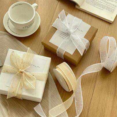 Glitter Metallic Ribbons And 1Roll 10 Yards Organza Ribbon Golden Silver Glitter Ribbon For Gift Wrapping Wedding Birthday Party