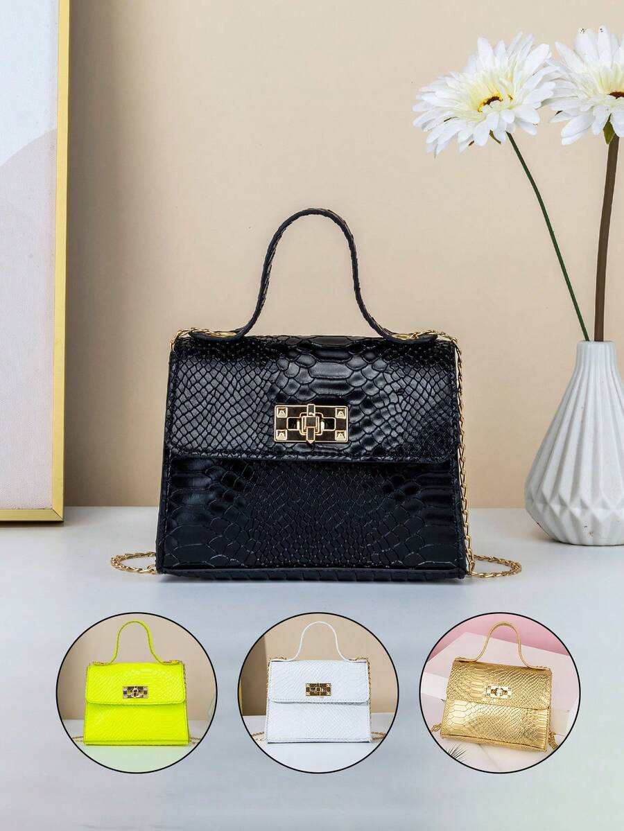 1个女童迷你蛇纹手提包单肩包零钱包，旋扣翻盖，链条肩带，简约时尚，理想的礼物之选 - M1000 - 查看 1