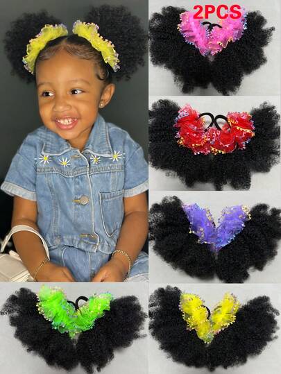 Explosion Fluffig Hästsvansperuk Med Färgat Garn Elastiskt Band Syntetiskt Fiber Afrikanska Lockiga Hårknutar För Flickor, Bekväma Och Lättviktiga Håraccessoarer 2st