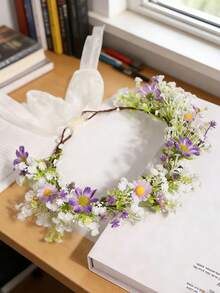 1件自然灵感人造花环，清新雏菊发箍，拍照道具/派对/新娘发饰 - 淡紫色 - 查看 5