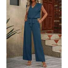 Two-Piece Set Women's Plain NotchedNeck Top & Tie Front Pants Set,Casual Sleeveless Top & ElasticWaist Trousers Summer, LadiesClothes Daily Wear, Womenswear - Màu xanh lam - Xem 9