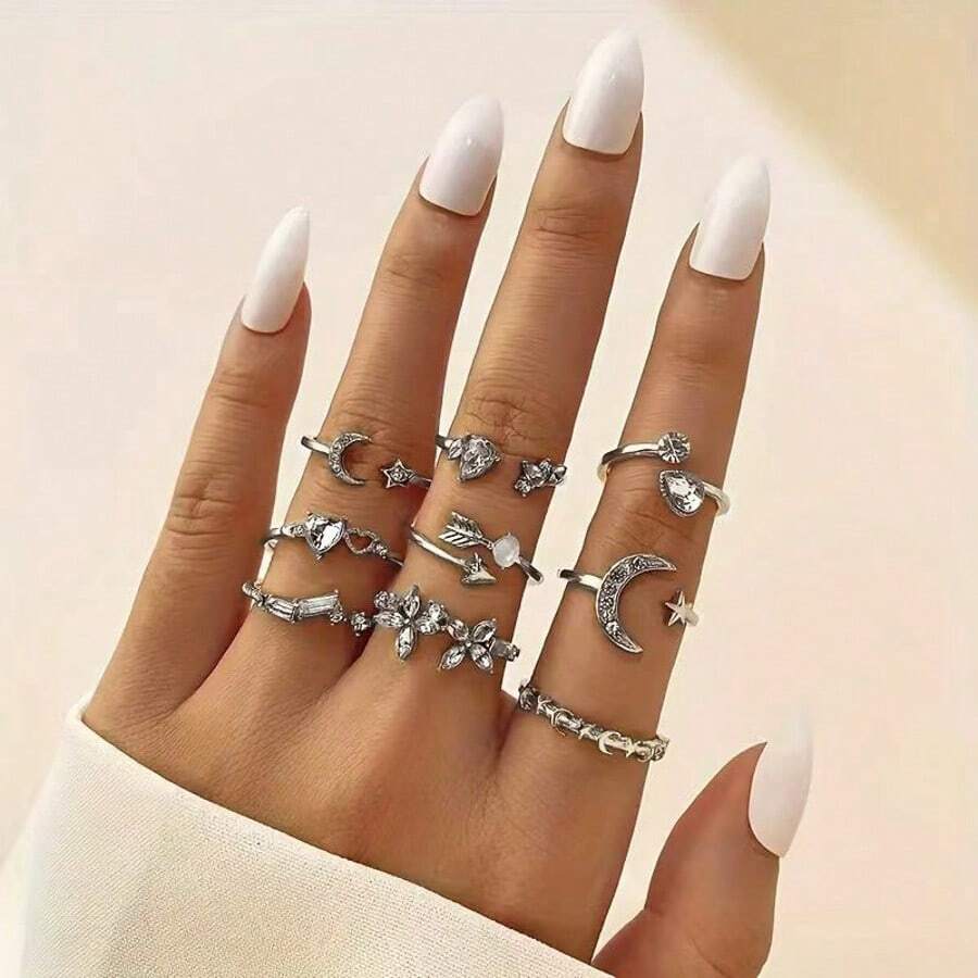 9pcs/Set European & American Style Heart, Butterfly, Star & Moon Crystal Rings Set, Multifunctional Daily Rings Suit For Women, Ideal For Valentine's Day,Mom,Mother,Mother's Day,Gift - Silver - View 1