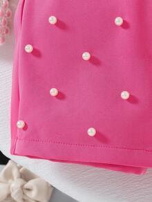 Niñas jóvenes Nuevo verano Sólido Color Cuello redondo Volantes Decoración con cuentas + Falda pantalón sólida linda con cuentas - Blanco - Ver 4