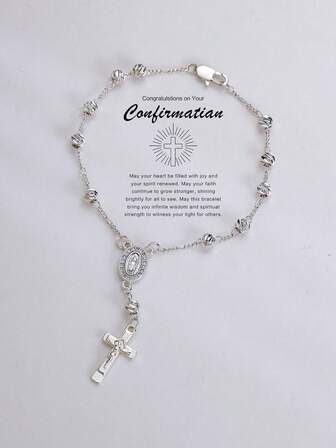 Pulsera rosario católica para mujer | Pulsera de cruz con cuentas plateadas, decorada con la Virgen de Guadalupe, cuentas de , regalo de Navidad, chapado en plata, cobre, incrustado con circonita 3A