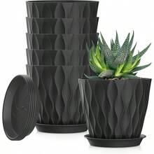 Inch Plant Pots 5 Pack, Flower Planters With Drainage Holes And Trays, Plastic Pots Indoor Outdoor Plants, White - Black + 5inch - View 1
