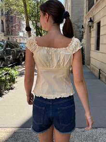 Women's Gingham Plaid Off Shoulder V Neck Short Sleeve Button Front Fitted Waist Peplum Top Ruffle Trim Crop Tops - Yellow - View 3