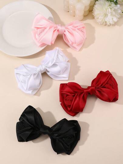 1pc Women's Fashion Elegant Red, Pink, White, Black Rose Flower Multi-Layer Bow Hair Clip, Suitable For Daily, Festival, Wedding, Bridesmaid, Party Decoration