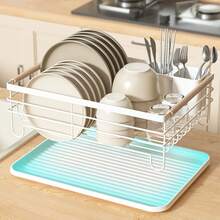 Dish Drying Rack With Cutlery Holder & Removable Drip Tray: Essential Kitchen Organizer - White - View 10