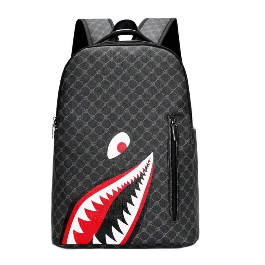Men's Simple Personality Fashion Shark Mouth Backpack Plaid High School Student College Bag 15 Inch Computer Backpack - 5118款二 - 查看 1