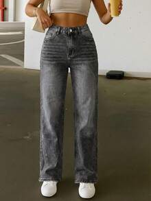 Casual Denim Straight Leg Jeans For Women Extra Long Length With Zipper Closure Non-Stretch Fabric - Grey - View 2