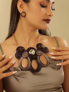 夸张多层手工编织重铝丝树脂链波西米亚欧美中东韩版晚宴派对假日女士时尚精美复古水滴项链耳环