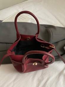 Fashionable & Popular PU Pebble Texture Handbag, Unique European & American Design, Buckle Closure Bucket Bag For Women, Suitable For Street, Commute, Party, Gift-Giving, Autumn/Winter - Burgundy - View 10