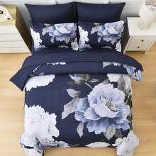 7 Piece Navy Blue Floral Comforter Set Full/Queen/King Size Bed In A Bag,Flowers Printed On Light Comforter Set With Sheets, Soft Microfiber Botanical Bedding Set For Wedding Items,Home Bed Room Decor,Easter Gifts,Mothers Day Gift,All Season - 海軍藍-1115 - 查看 7