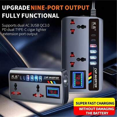 Inversor de corriente para coche de 200W DC 12V/24V con 4 puertos USB y 2 puertos Tipo-C, adecuado para coches, SUV y viajes por carretera, se enchufa al encendedor de cigarrillos del coche