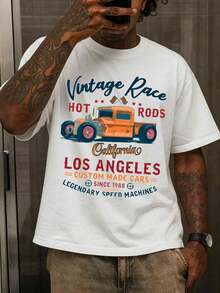 Men's Vintage Hot Rods Racing Graphic T-Shirt - California And Hot Rods Design With Orange And Red Racing - White Retro Car Show Tee - 白色 - 查看 1