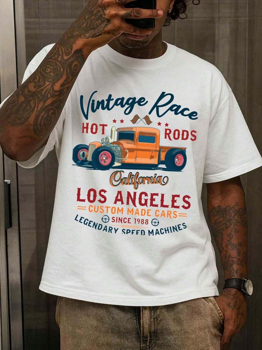 Men's Vintage Hot Rods Racing Graphic T-Shirt - California And Hot Rods Design With Orange And Red Racing - White Retro Car Show Tee - 白色 - 查看 1