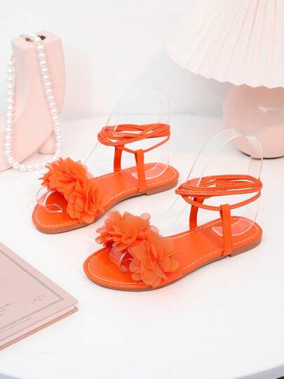 A Pair Of The Latest Orange Flower-Patterned Flat Sandals For Children In Summer - A Comfortable Style, An Excellent Choice For Daily Outings, Beach Play And Park Walks. They Can Be Easily Matched With All Kinds Of Outfits, Being Fashionable, Casual And Comfortable, Girls Sandals, Girls Shoes, Kids Sandals, Sandals, Kids Shoes