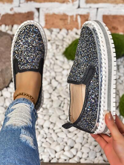 大码亮片休闲女鞋，2025春季新款，舒适厚底，欧美风格鞋款