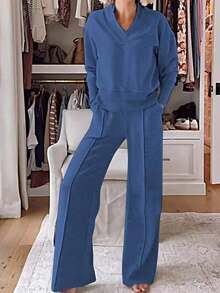 2-Piece Set Of Wide-Leg Pants - Loose Long-Sleeved And Pants, Anti-Wrinkle Both Office And Casual Wear, Washable Spring And Autumn Business Attire - 黑色 - 查看 4