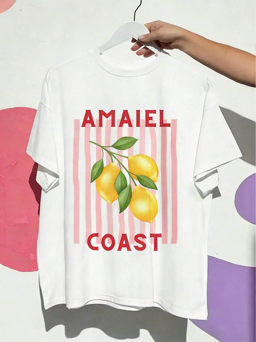 Women's Casual Am Coast Graphic T-Shirt, Round Neck, Short Sleeve, Knit Fabric, 180g, Lemon & Striped Print, Regular Fit, Machine Washable, White, Casual Wear |   Coastal Theme Shirt |   Regular Fit Shirt, Ladies T Shirts - 白色 - 查看 1