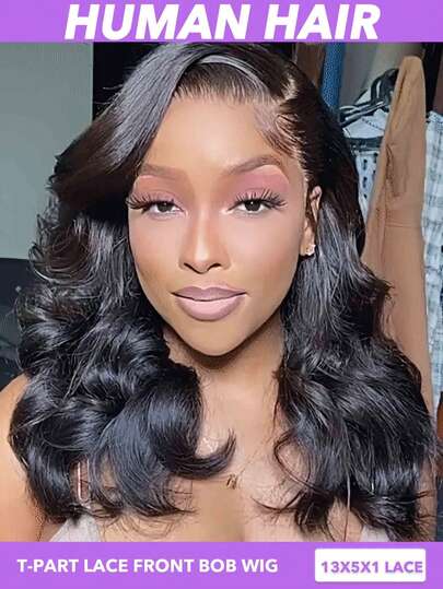 Black Bob Wig 16 Inch Body Wave Human Hair Wig 13x5x1 T Part Lace Bob Wigs Pre Plucked T Part Lace Frontal Wig With Baby Hair 180% Density Short Bob Wigs Natural Looking- For Women & Girls Perfect For Daily Wear & Special Occasions