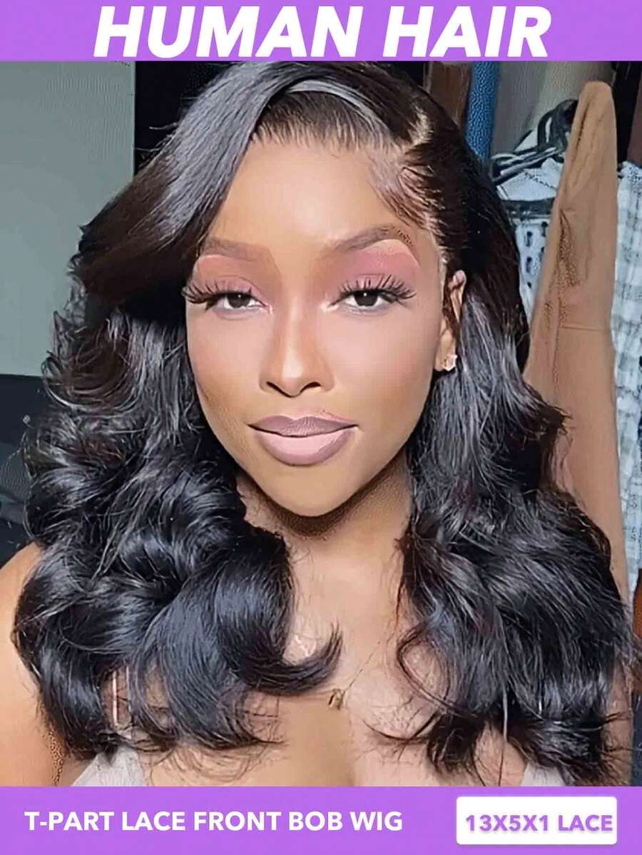 Black Bob Wig 16 Inch Body Wave Human Hair Wig 13x5x1 T Part Lace Bob Wigs Pre Plucked T Part Lace Frontal Wig With Baby Hair 180% Density Short Bob Wigs Natural Looking- For Women & Girls Perfect For Daily Wear & Special Occasions