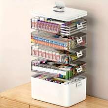 Large Capacity Medicine Storage Box For Home And Travel, Featuring A Portable Pill Organizer, Sturdy Adjustable Dividers, Moisture-Resistant Lid, Safety Handle, And Convenient Design For Organizing Pills, Vitamins, And Supplements (White). - trắng - Xem 1