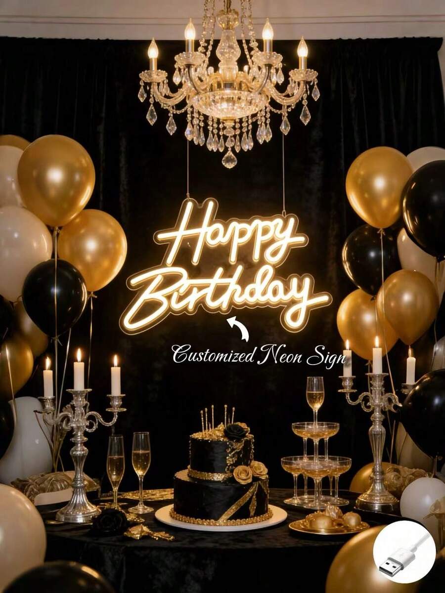 1pc Personalized Customized Birthday Neon Lights, "Happy Birthday", LED Neon Light Decorations, Suitable For Birthday Parties, Bedrooms, Living Rooms, Kitchen Supplies, Room Decoration, Background Decoration, Festive Neon Signs - 彩色 - 查看 1