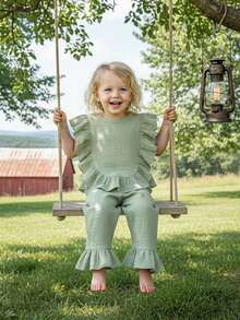 Little Girls 2 Piece Outfits Adorable Solid Color Sleeveless Crew Neck Ruffle Tops And Elastic Waist Pants Set - Green - View 5
