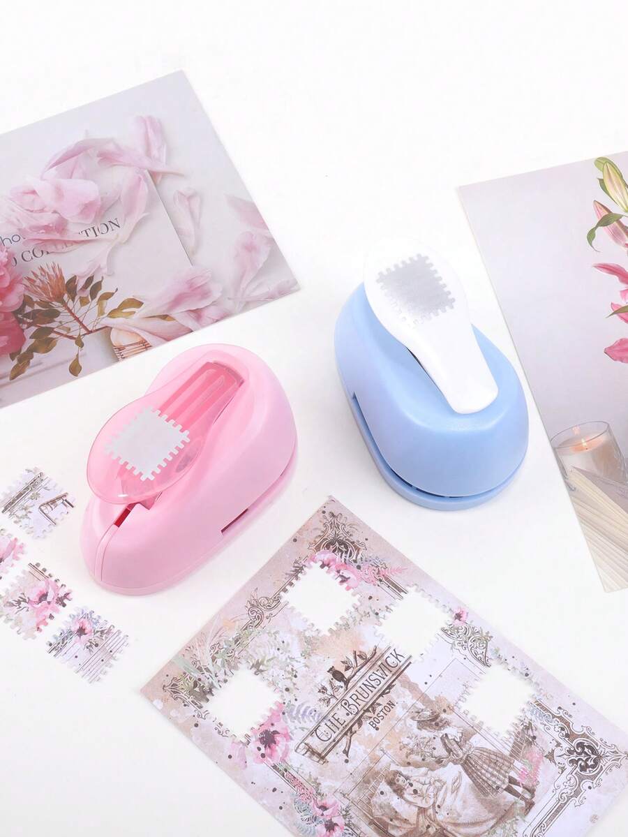 1个邮票图案压花器，便携式打孔器 - 用于剪贴簿、方形纸孔压花器、DIY礼品制作工具 - 彩色 - 查看 1