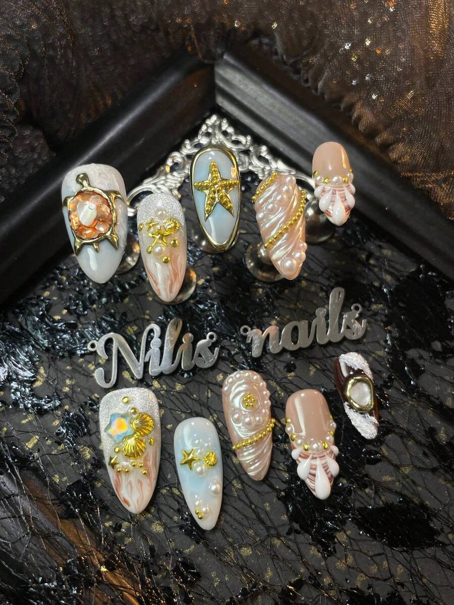 10片手工全包杏仁形穿戴甲，淺藍色&棕色&珊瑚粉，3D海星&珍珠&貝殼裝飾，可重複使用，Y2K奢華美人魚風格假指甲，適合派對、日常穿戴、Cosplay，附果凍膠與指甲锉