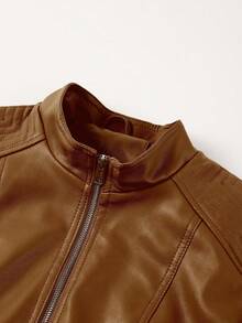 Plus Size Women's Casual Fashion Motorcycle Jacket, Suitable For Commuting And Street Photography, Faux Leather Material, Autumn/Winter - Brown - View 9