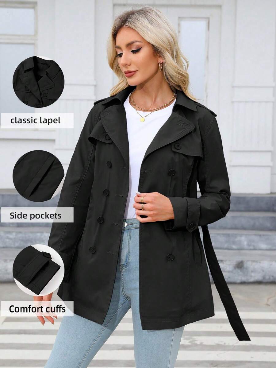 Giolshon 女士纯色简约通勤双排扣风衣，带口袋和腰带，秋冬黑色春季款