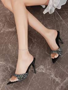 2026 Summer New European And American Pointed Toe Thin High Heel Sandals, Fashion Sexy Crystal Strap Slides For Women - Black - View 4