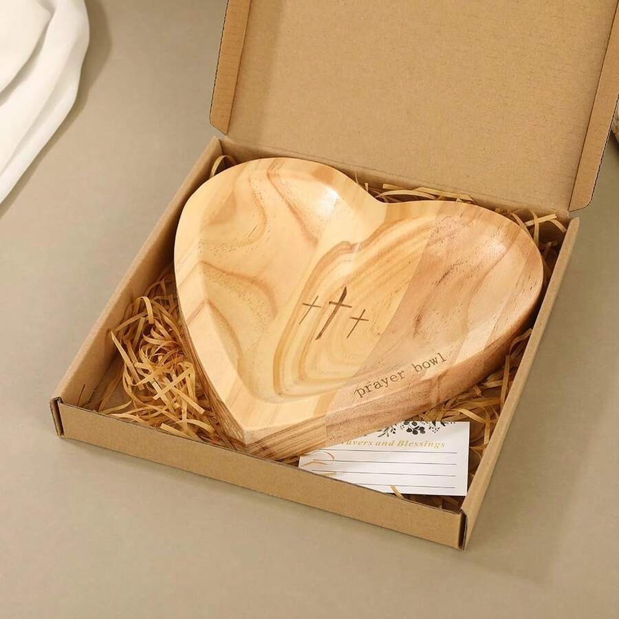 1 Pcs Heart-Shaped Wooden Prayer Bowl Plate With Engraved Cross And Prayer Cards, Thanksgiving Christmas Home Decor Gift - 杏色 - 查看 1