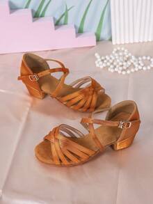 Zapatos de baile latino de tacón bajo para niñas, zapatos de baile de tango salsa de punta abierta antideslizantes, perfectos para actuaciones - Óxido marrón - Ver 2