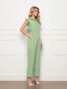 ALETHEIA - ELEGANT TAILORED WOMEN'S JUMPSUIT WITH JAPANESE SLEEVES, TANK TOP STYLE, AND ELASTIC WAISTBAND AT THE BACK - Pastel Green - View 5