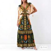 New European And American Summer V-Neck Retro  Printed Linen Dress For Women - 圖片色 - 查看 4