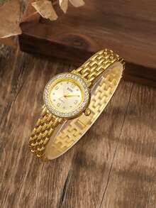 1 件简约时尚混合水钻雕刻表盘钢带石英表，适合作为生日、万圣节、礼物 - 金色 - 查看 4