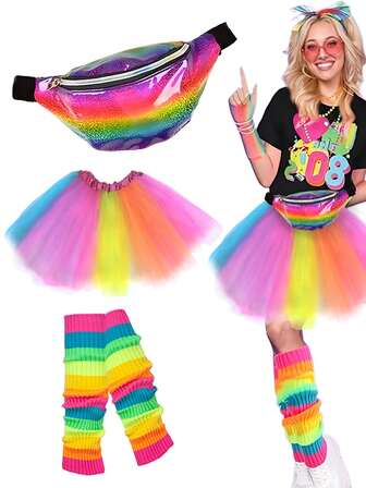 3Pcs Forever & Moment 80s Women's Costume Accessories Set Fanny Pack Tutu Skirt Leg Warmers For Party Dance Performances Casual Wear Sports