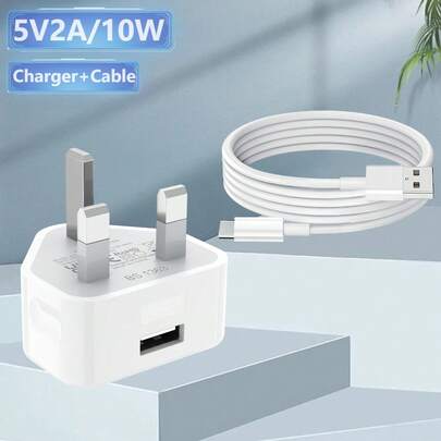 5V 2A Portable Charger UKCA Adapter Universal Travel USB Wall Plug With USB A To Type C Cable For Phones, Tablets, Speakers, Smart Watches, Headphones, And More