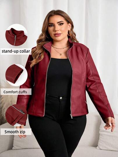 Plus Size Women Casual Fashion Motorcycle Jacket, Suitable For Commuting And Street Photography, Faux Leather Jacket For Autumn/Winter
